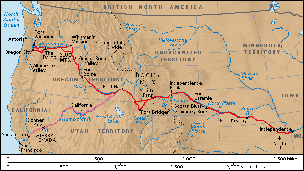 pioneers on oregon trail. map of trail oregon north